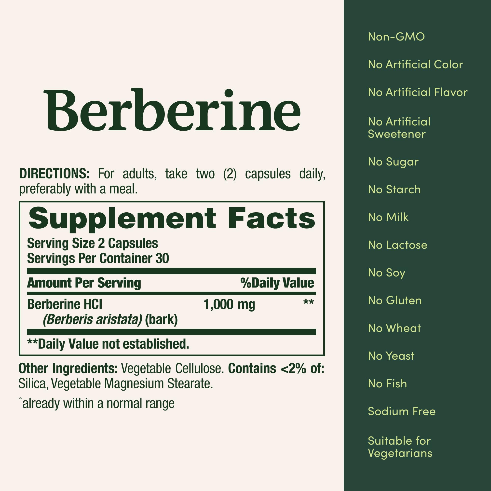 Close-up of Nature's Bounty Berberine 1000mg bottle label showing 60 capsules