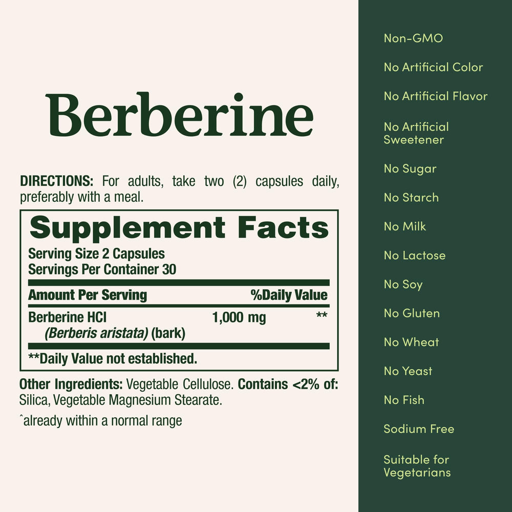 Close-up of Nature's Bounty Berberine 1000mg bottle label showing 60 capsules
