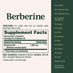 Close-up of Nature's Bounty Berberine 1000mg bottle label showing 60 capsules