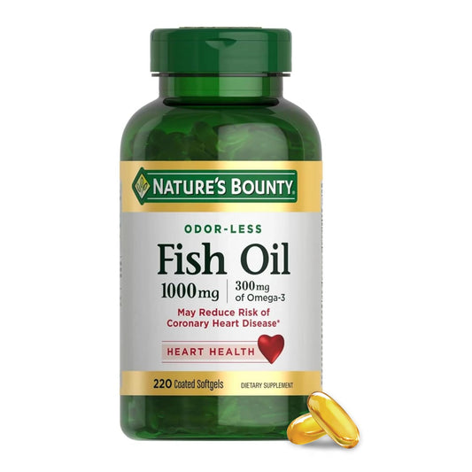 Bottle of Nature's Bounty Odorless Fish Oil 220-count softgels