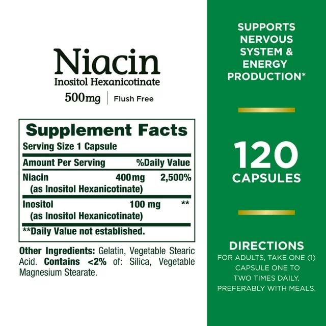 Niacin 500 mg capsules inside a bottle