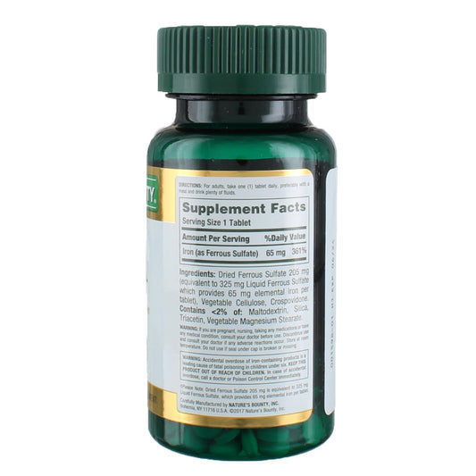 Close-up of Nature's Bounty Iron 65 mg tablets (ferrous sulfate) 100-count bottle