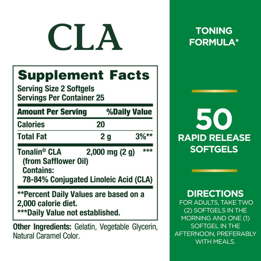 Close-up of Nature's Bounty Tonalin CLA 1000mg softgels packaging