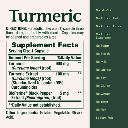 Turmeric capsules with Black Pepper Extract (BioPerine) - 1000mg, 60-count