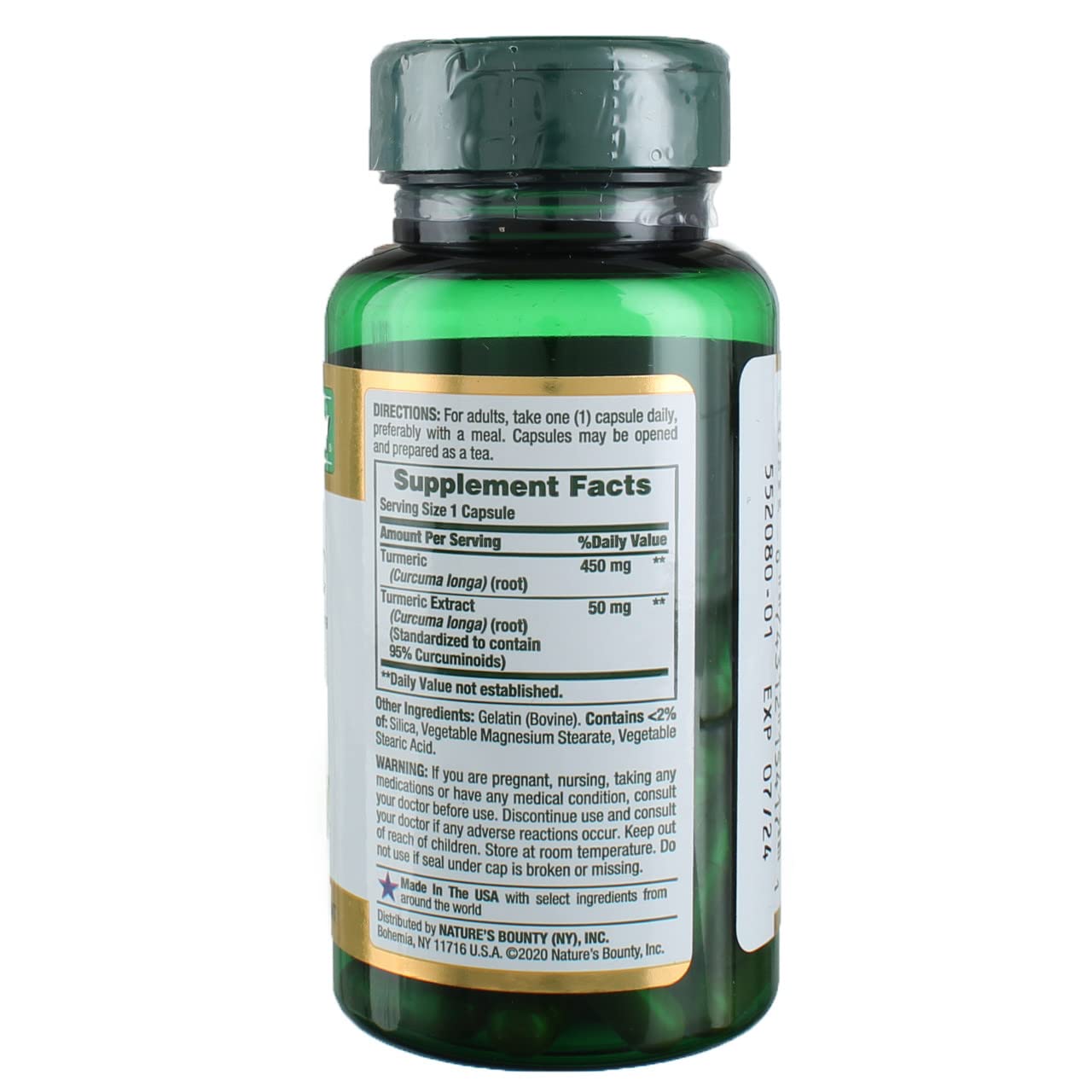 Nature's Bounty Turmeric 450 mg capsules bottle back view with label details