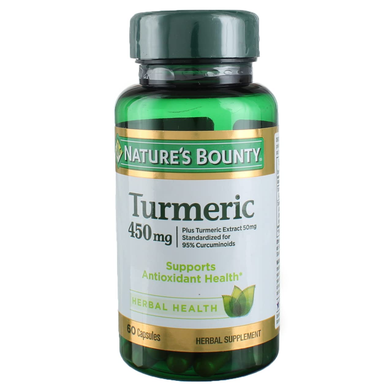 Nature's Bounty Turmeric 450 mg capsules bottle front view - 60 count per bottle, pack of 3