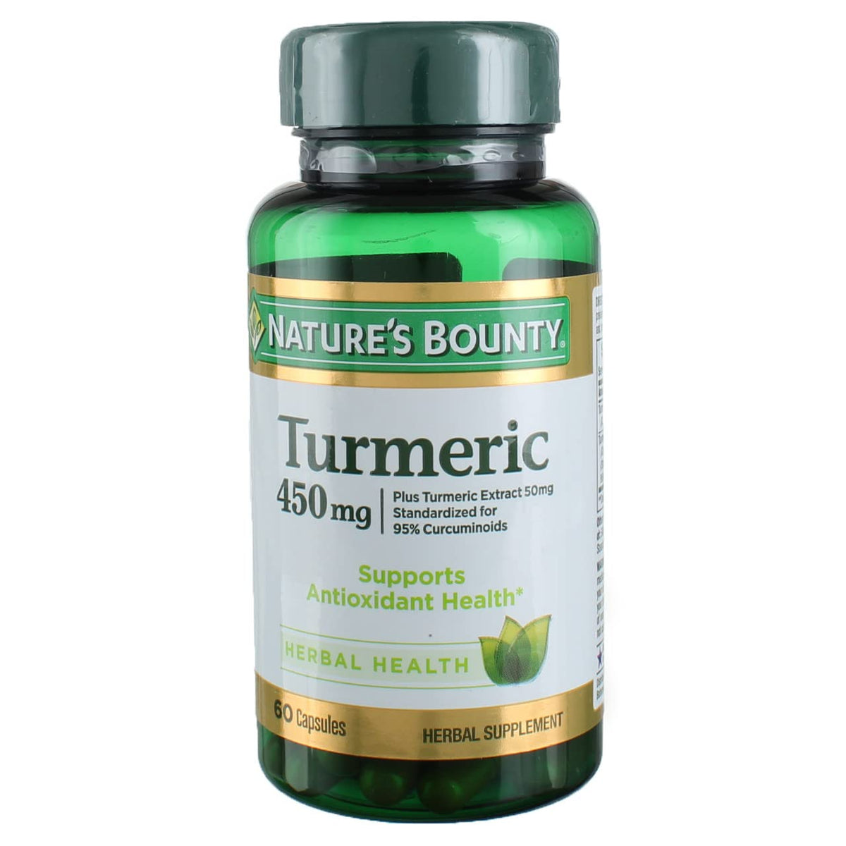Nature's Bounty Turmeric 450 mg capsules bottle front view - 60 count per bottle, pack of 3