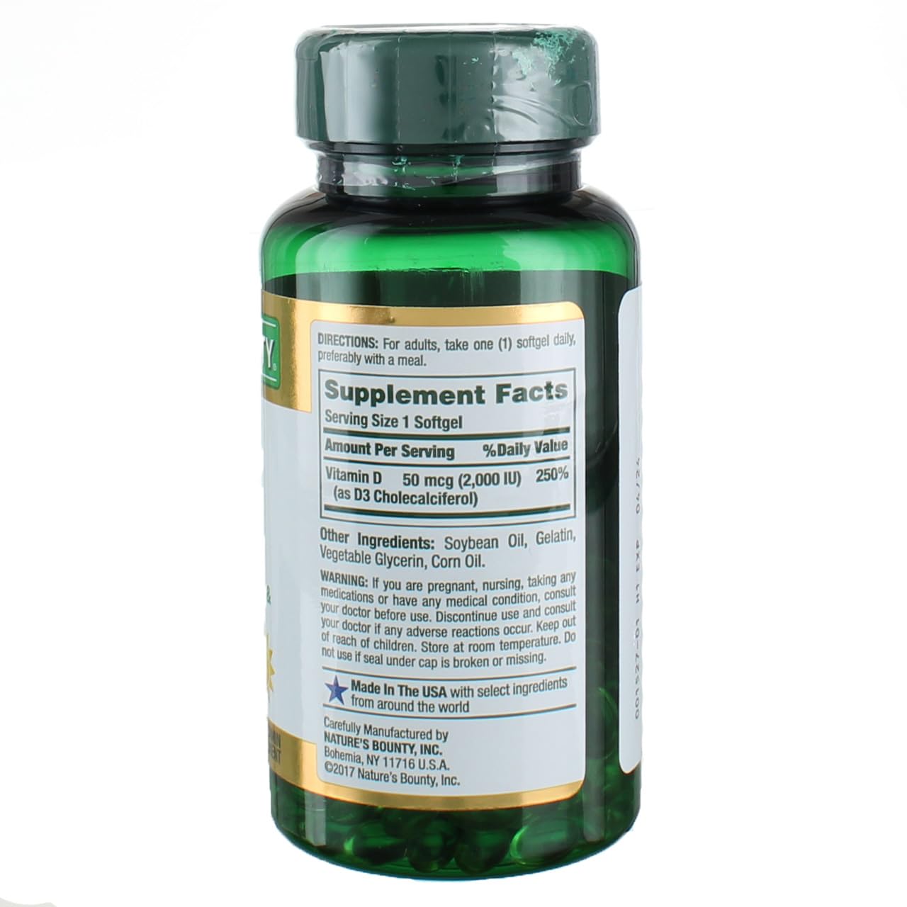 Close-up of Nature's Bounty Vitamin D3 2000 IU bottle
