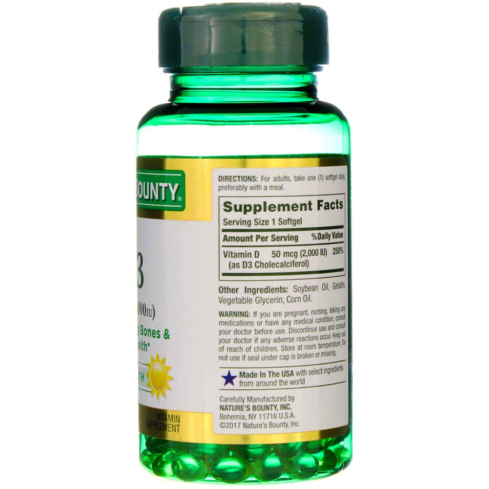 Rear panel of Nature's Bounty Vitamin D3 bottle with supplement facts