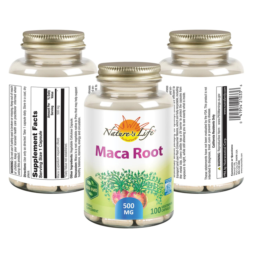 Nature's Life Maca Root 500mg bottle with Non-GMO and Vegan labels