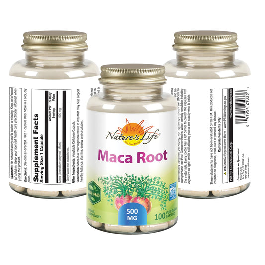 Nature's Life Maca Root 500mg bottle with Non-GMO and Vegan labels