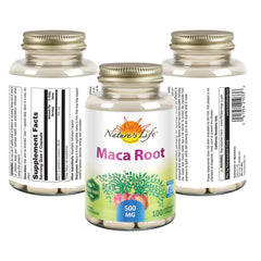 Nature's Life Maca Root 500mg bottle with Non-GMO and Vegan labels