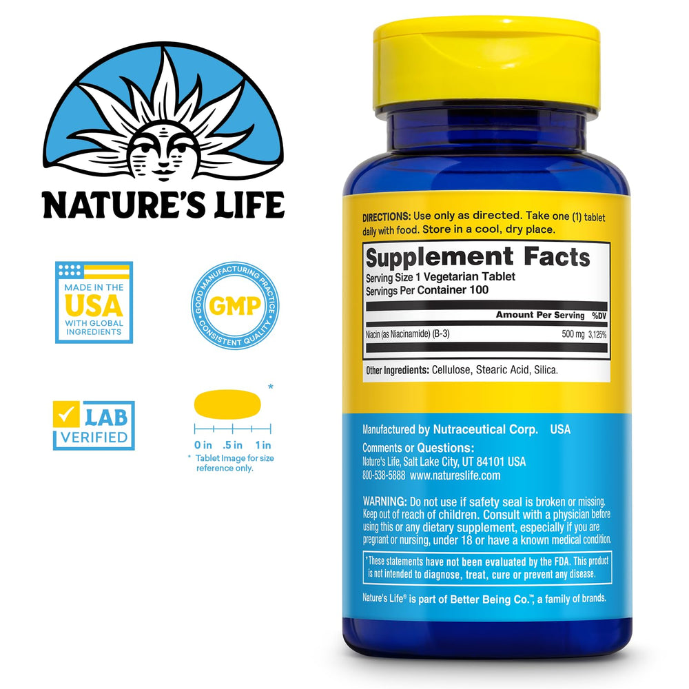 Close-up of a 500mg niacinamide tablet
