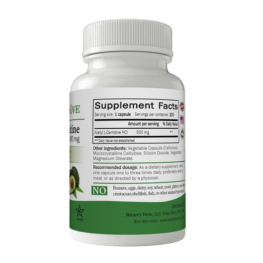 Close-up of Nature's Trove Acetyl L-Carnitine 500 mg label