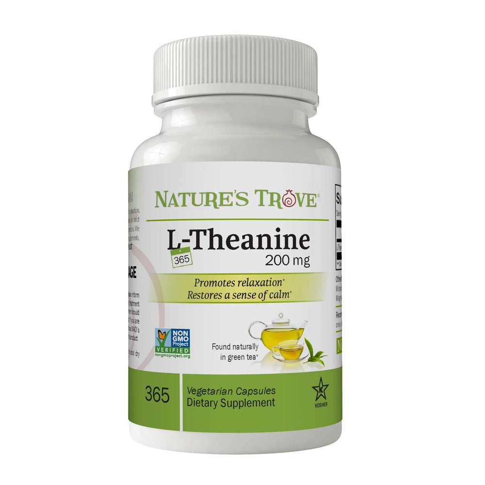 Nature's Trove L-Theanine 200mg 365 Vegetarian Capsules bottle front view