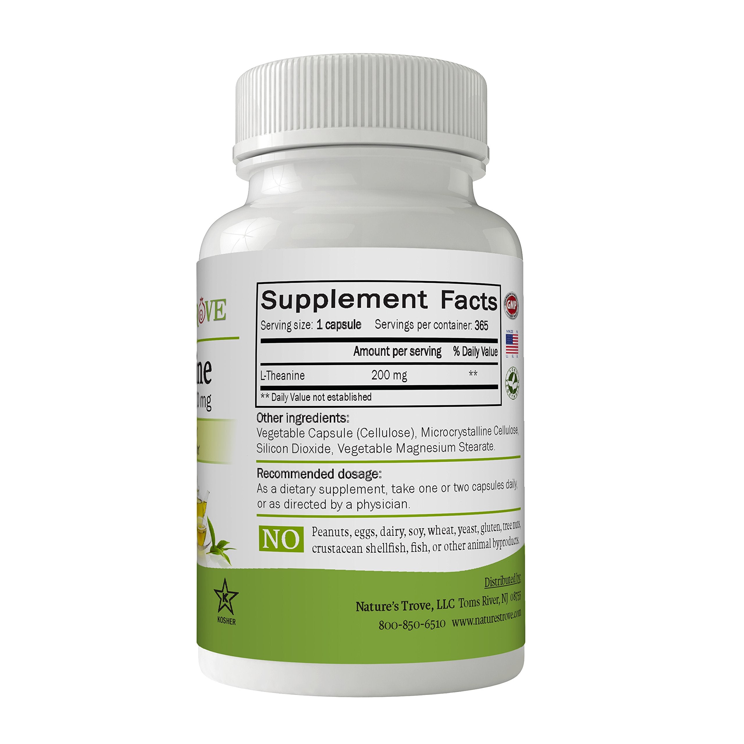 Nature's Trove L-Theanine 200mg 365 Vegetarian Capsules supplement facts label