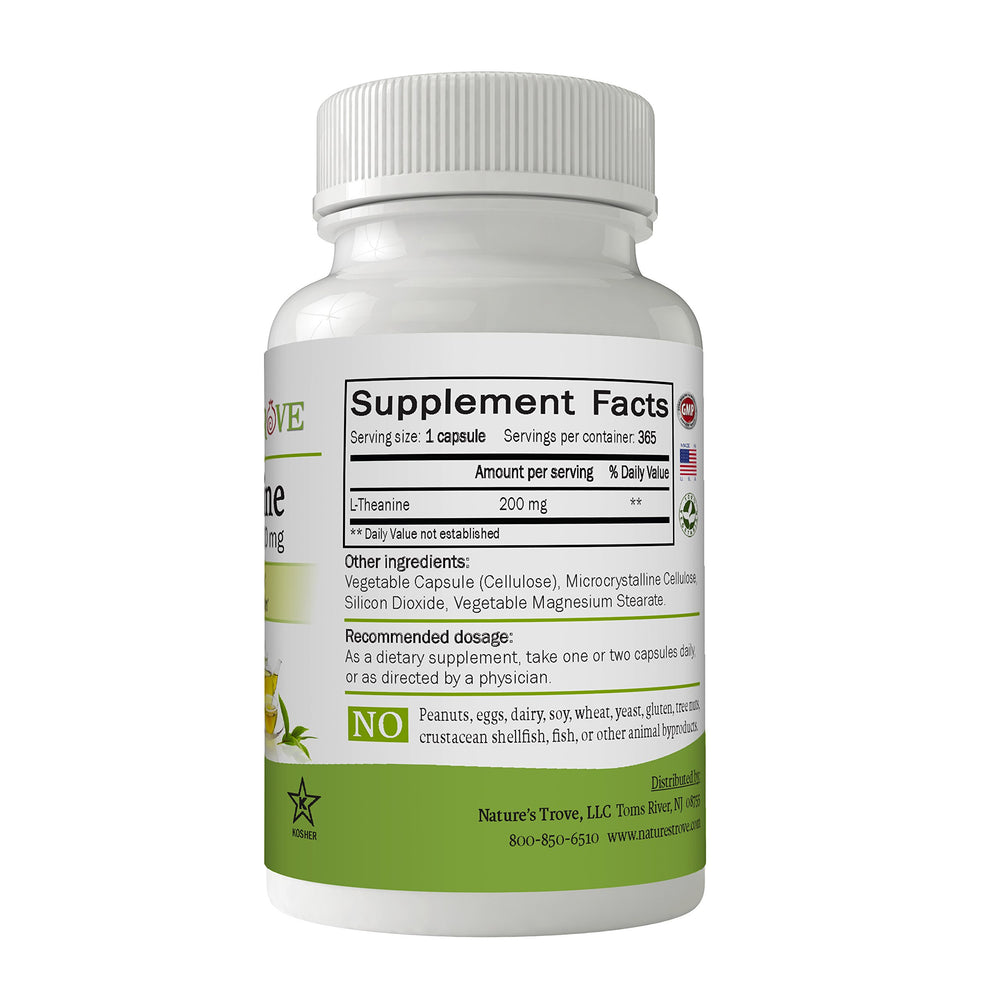 Nature's Trove L-Theanine 200mg 365 Vegetarian Capsules supplement facts label