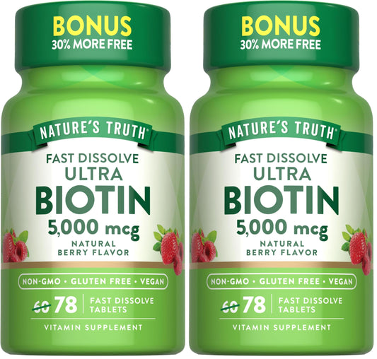 Nature's Truth Biotin 5000mcg 78 fast-dissolve tablets in natural berry flavor bottle - front