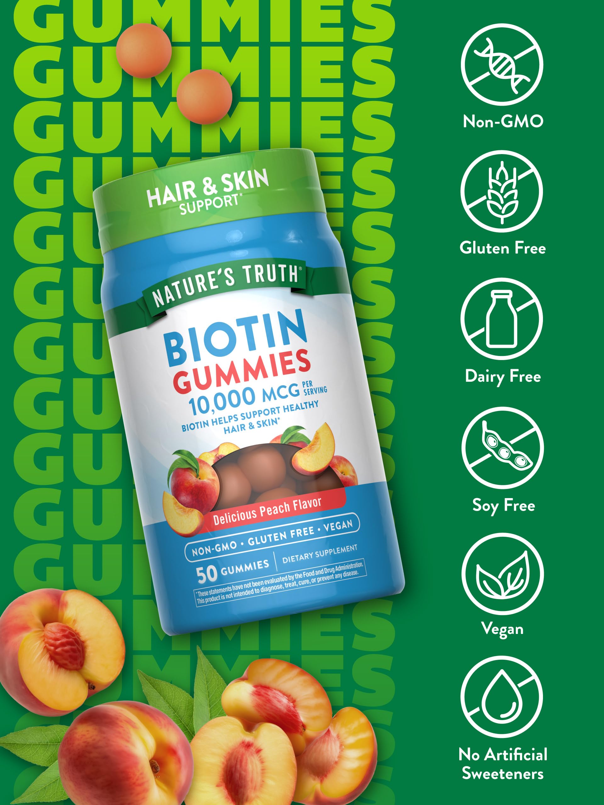 Vegan non-GMO gluten-free Biotin Gummies peach flavor serving