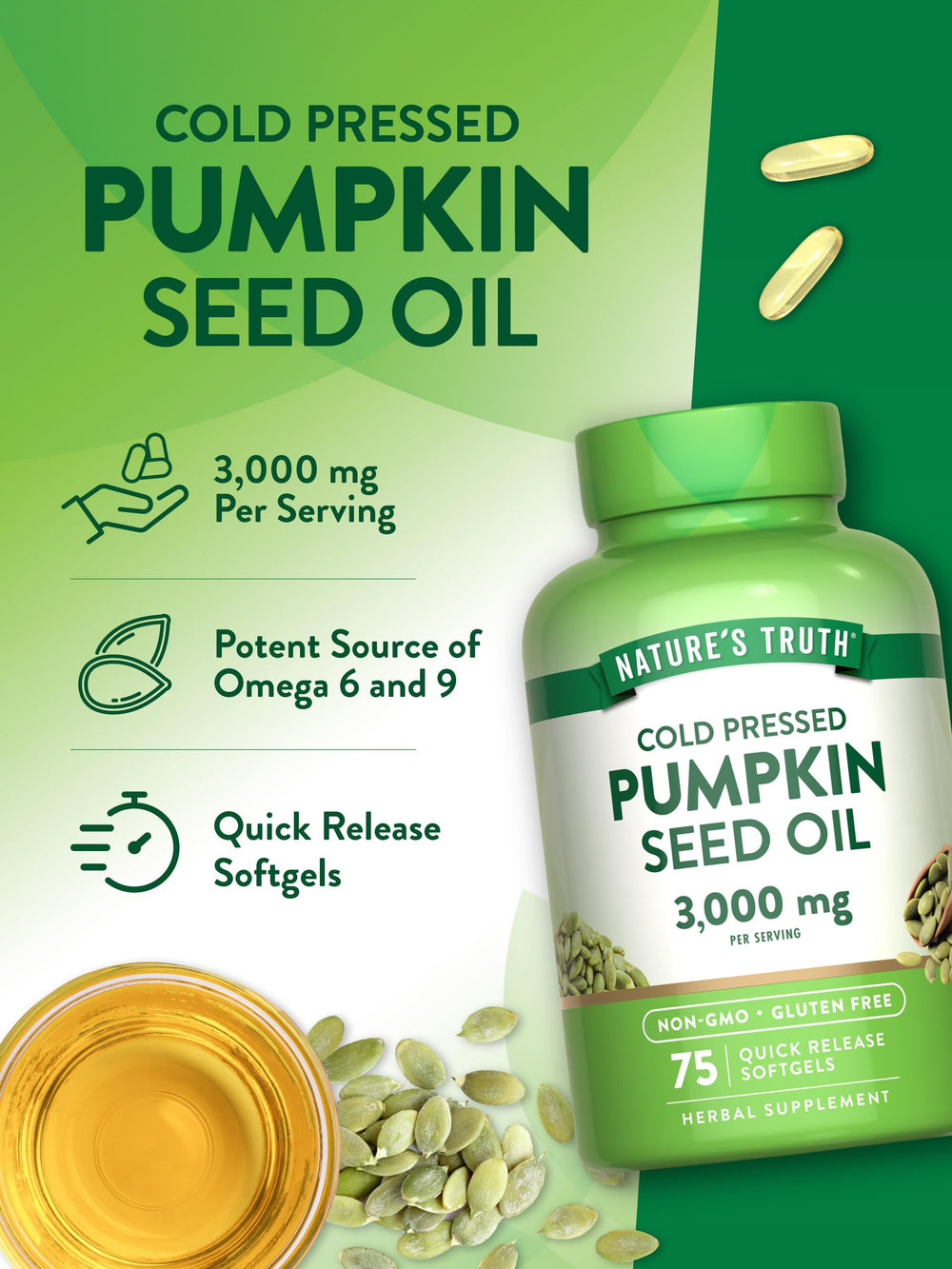 Nature's Truth pumpkin seed oil bottle with label