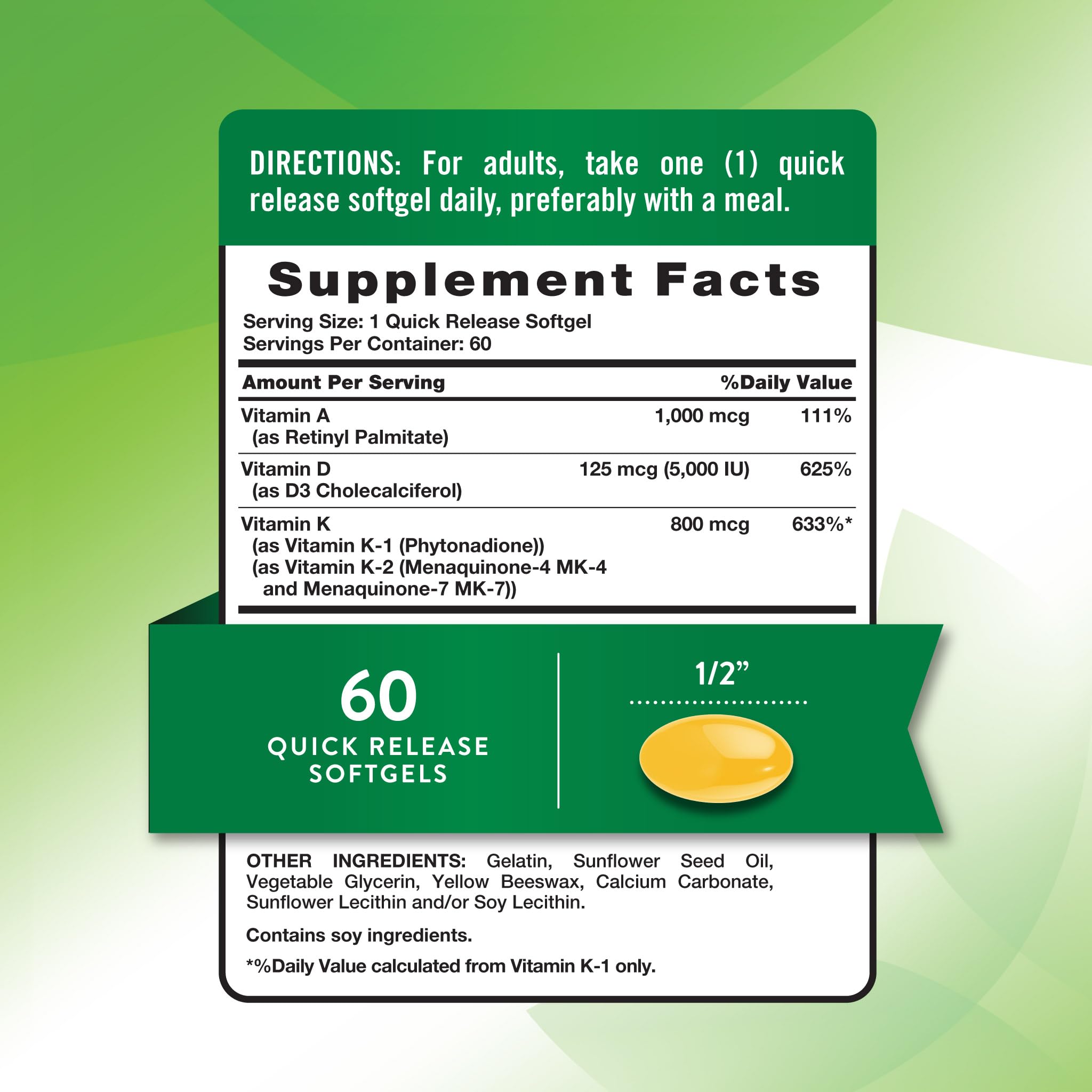 Back label showing supplement facts for Nature’s Truth ADK Softgels