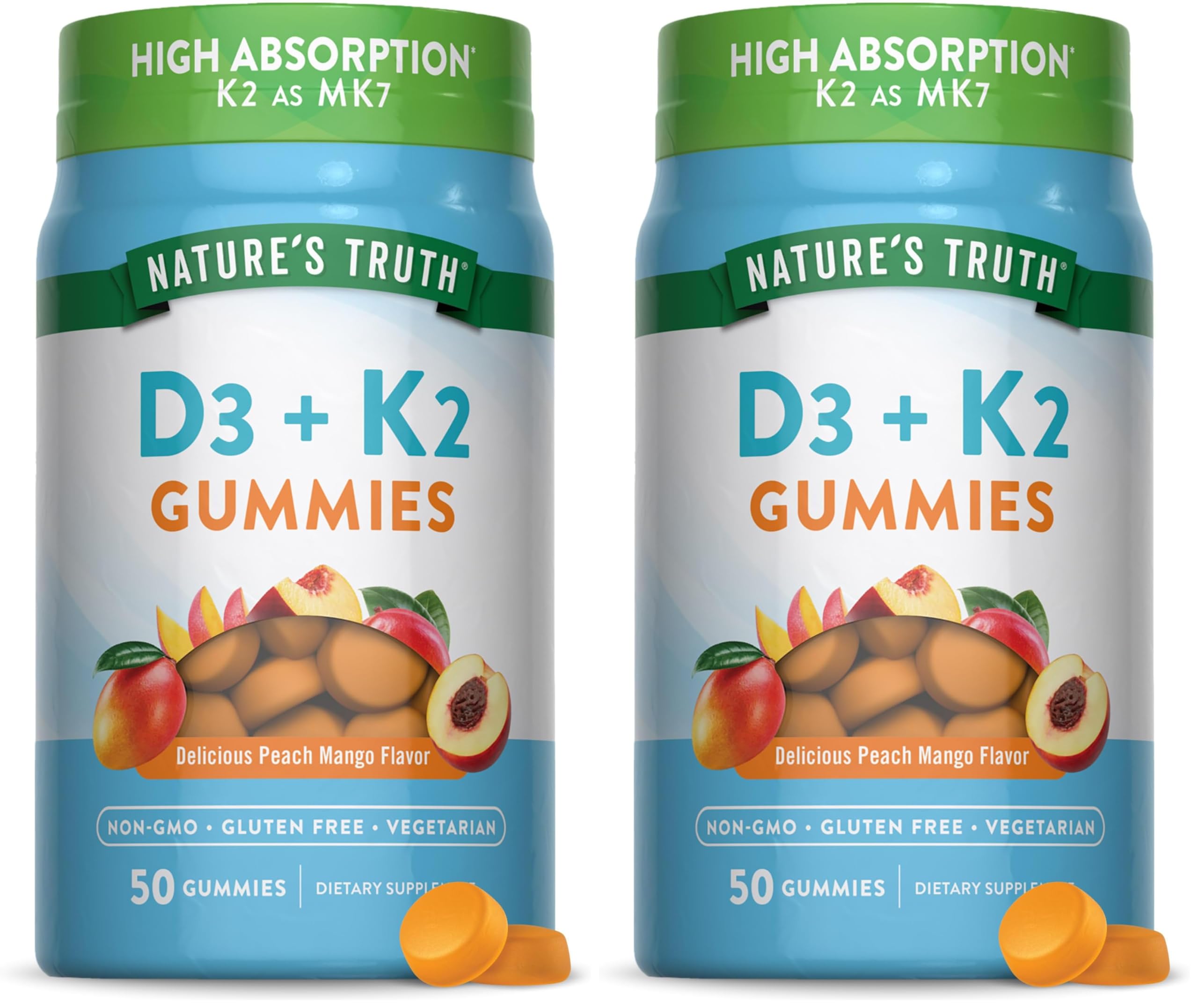 Nature's Truth Vitamin D3 + K2 Gummies peach mango flavor bottle – 50-count per bottle, pack of 2