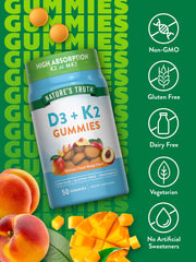 Close-up of peach mango gummies from Nature's Truth vitamin D3 + K2