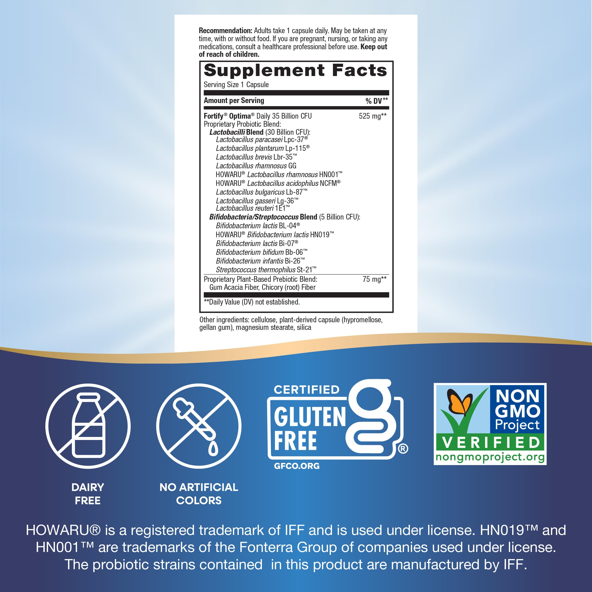 Back label and cap of Fortify Optima Probiotic 2-pack