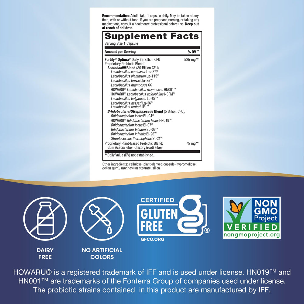Back label and cap of Fortify Optima Probiotic 2-pack