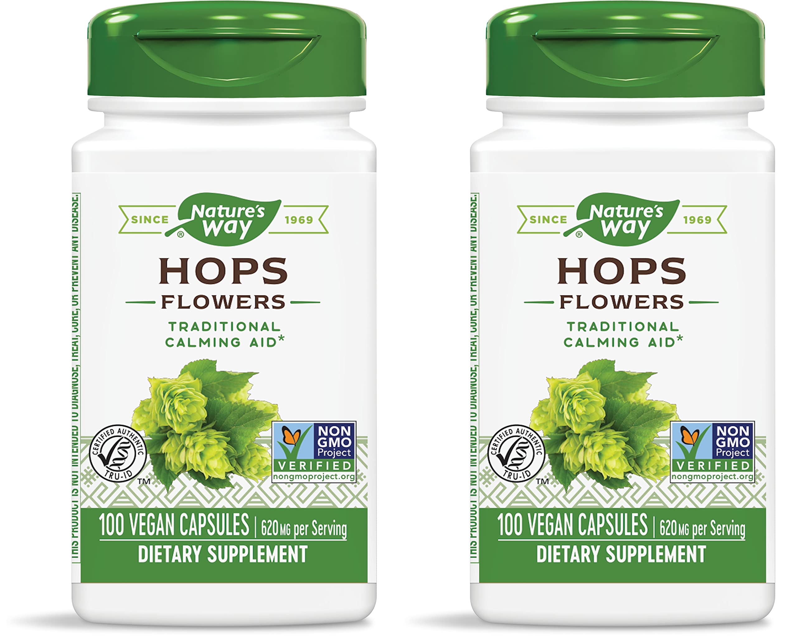 Nature's Way Hops Flowers label showing 620 mg per 2-capsule serving