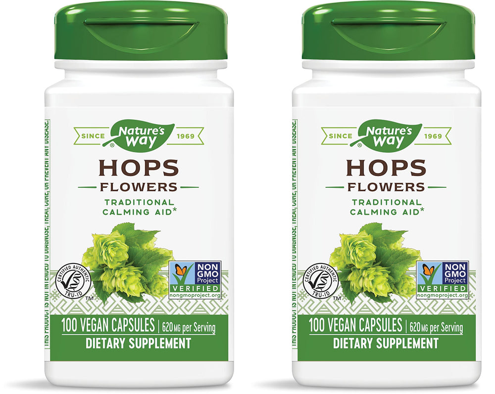 Nature's Way Hops Flowers label showing 620 mg per 2-capsule serving