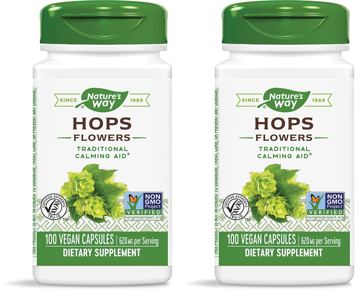 Nature's Way Hops Flowers label showing 620 mg per 2-capsule serving