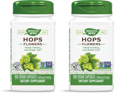 Nature's Way Hops Flowers label showing 620 mg per 2-capsule serving