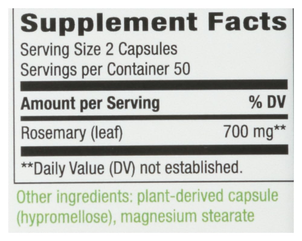 Back label of Nature's Way Rosemary Leaves 100-capsule bottle