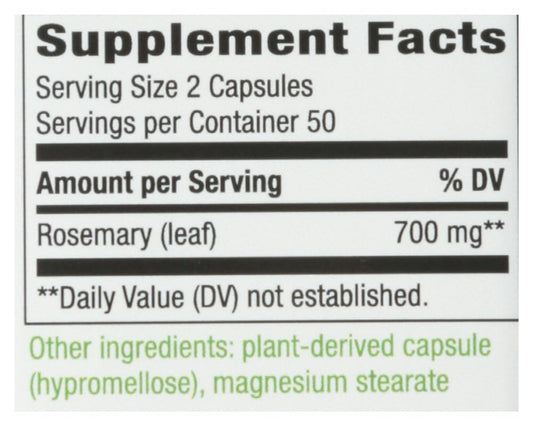 Back label of Nature's Way Rosemary Leaves 100-capsule bottle
