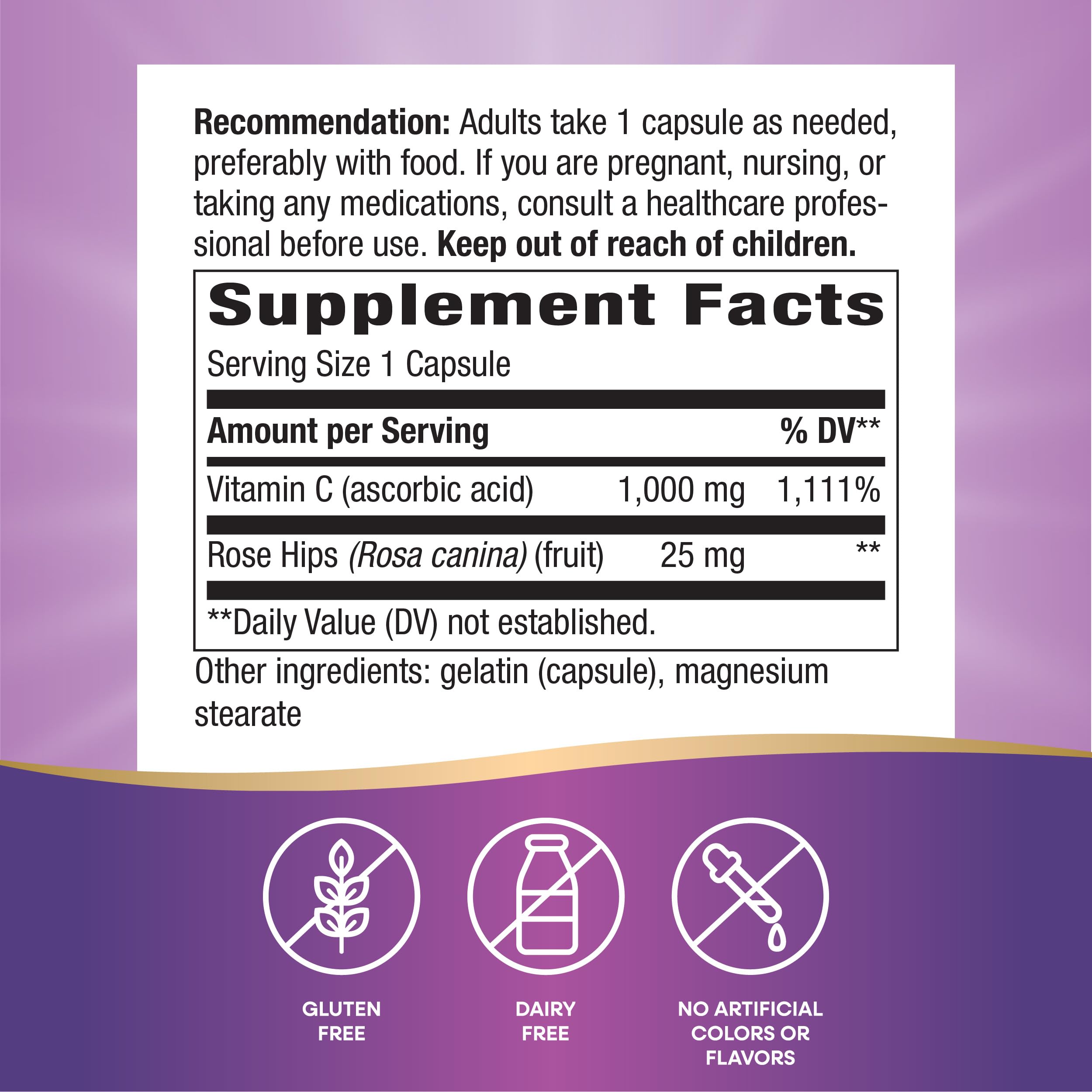 Product label for Nature's Way Vitamin C with Rose Hips Extra Strength 1000 mg
