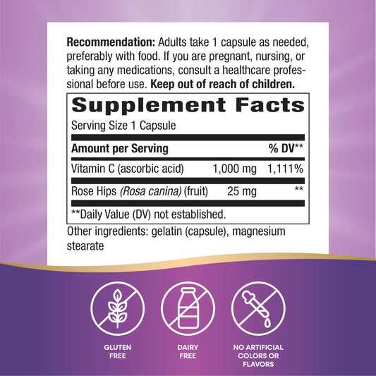 Product label for Nature's Way Vitamin C with Rose Hips Extra Strength 1000 mg