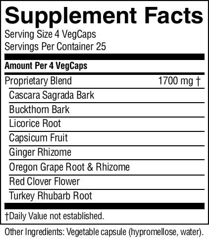 Nature's Sunshine Lower Bowel Stimulator capsules close-up indicating herbal formulation for regularity.