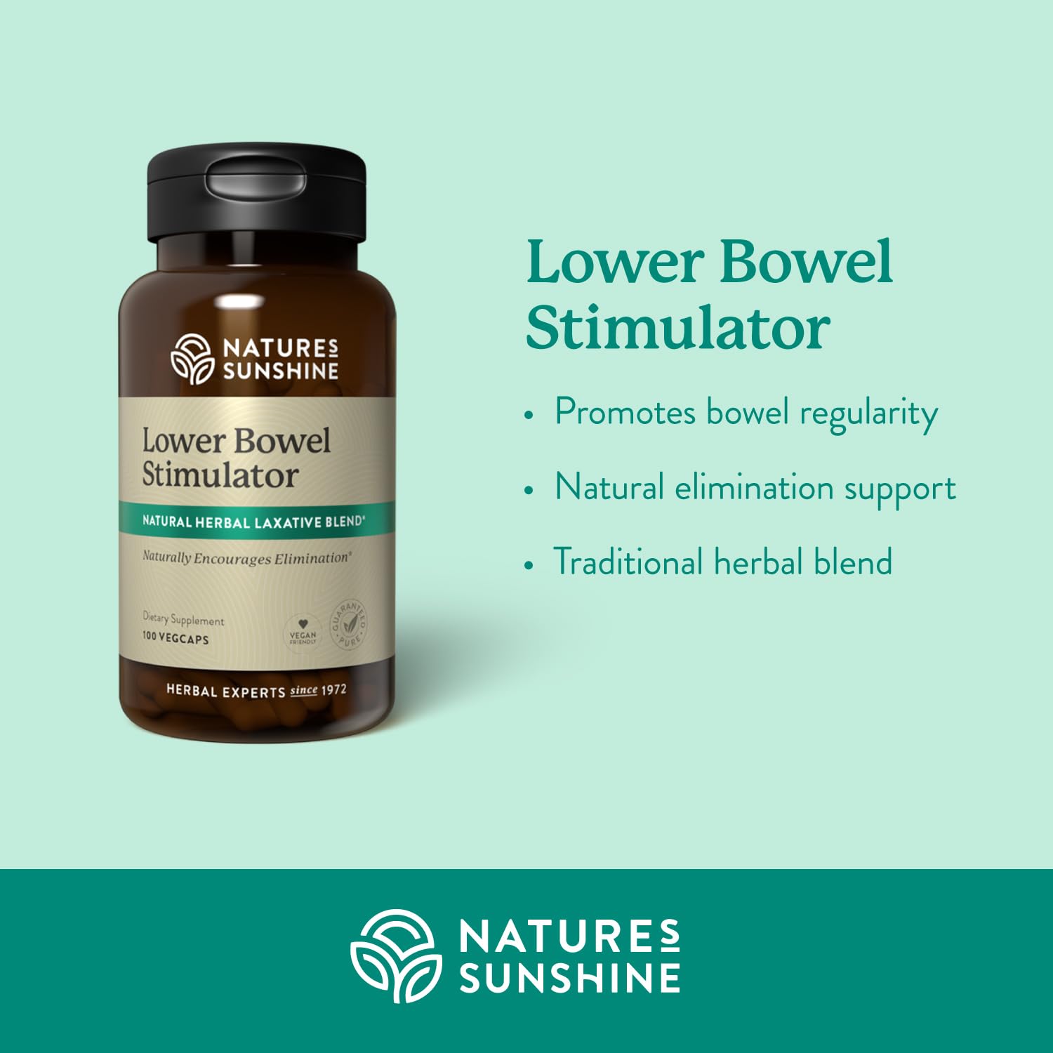 Nature's Sunshine Lower Bowel Stimulator capsules close-up indicating herbal formulation for regularity.