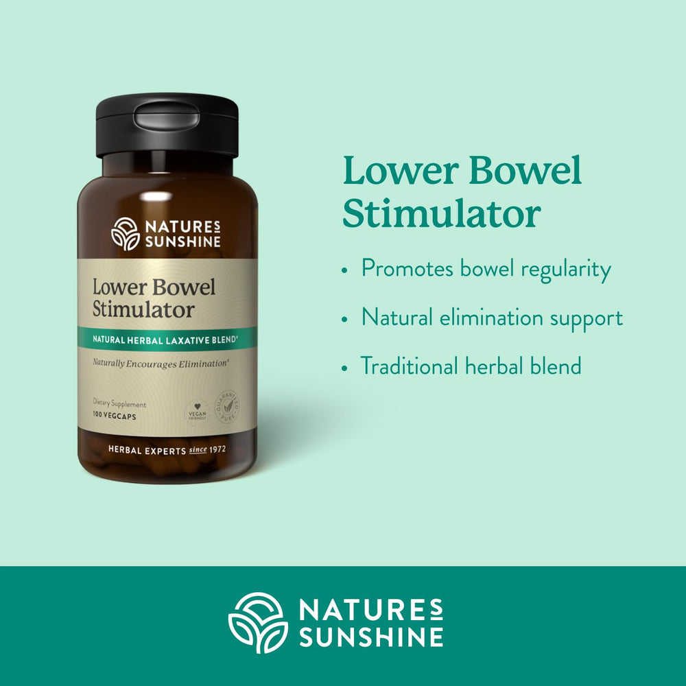 Nature's Sunshine Lower Bowel Stimulator capsules close-up indicating herbal formulation for regularity.