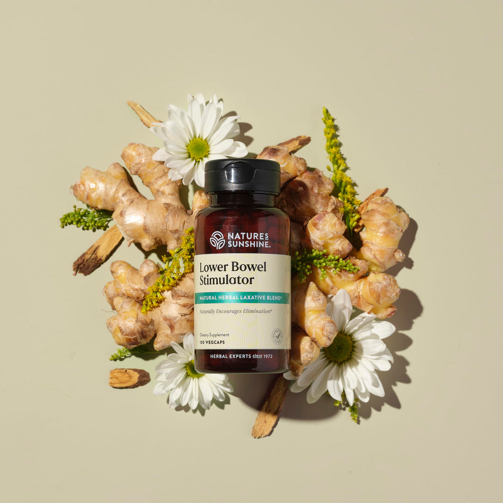 Nature's Sunshine Lower Bowel Stimulator licorice-root visual for gut digestion support.