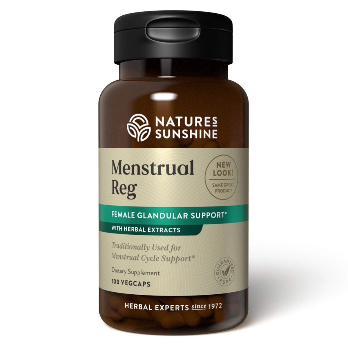 Nature's Sunshine Menstrual Reg bottle label with 100 capsules, Kosher