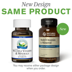 Product box and bottle highlighting 100% daily value for 17 essential vitamins and minerals