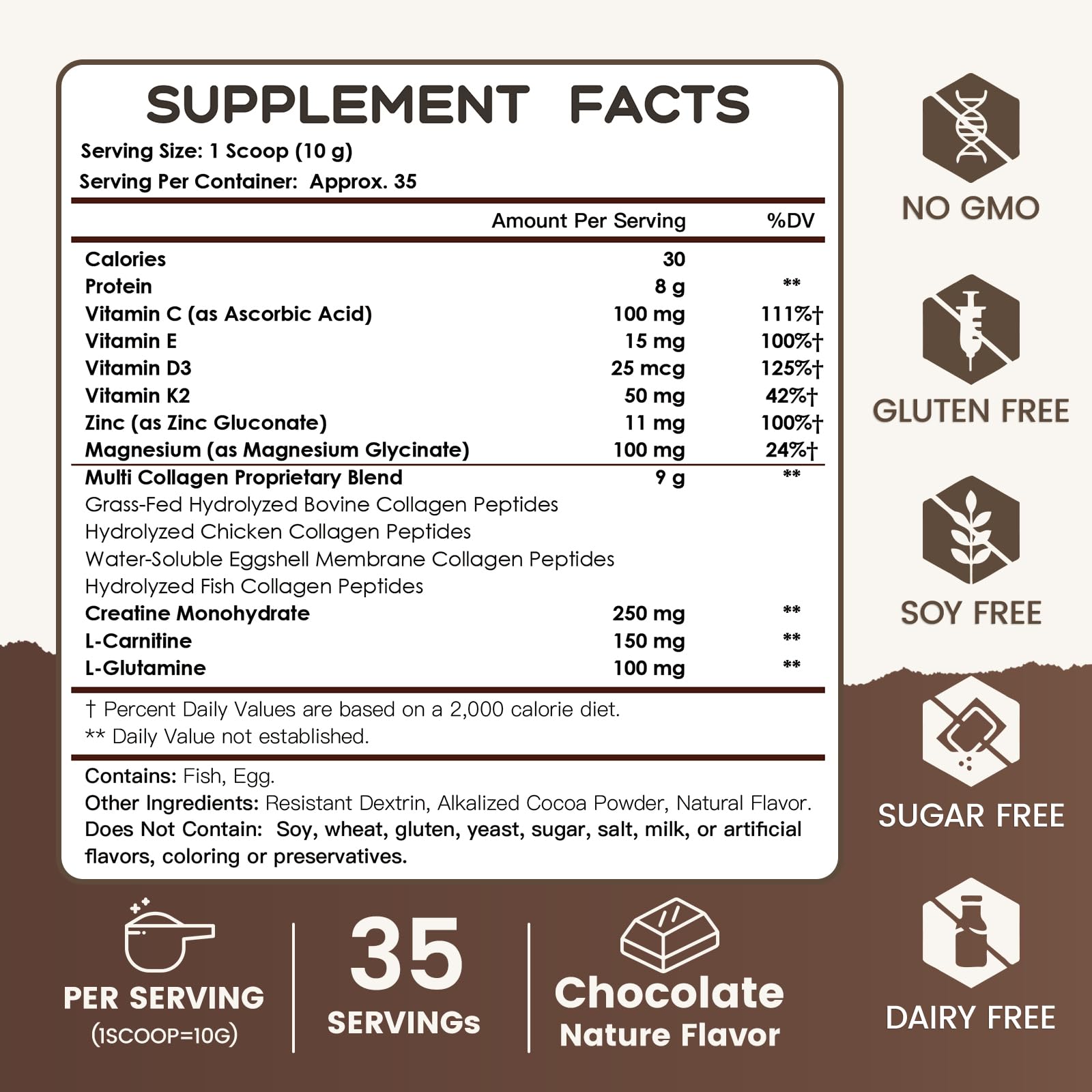 Scooped chocolate collagen powder beside a glass
