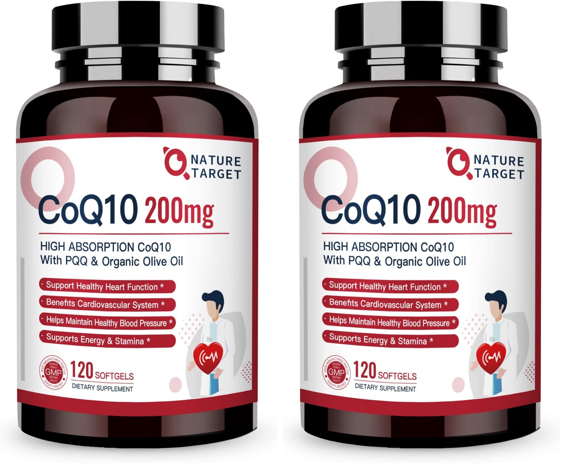 Nature Target CoQ10 softgels with PQQ in olive oil for enhanced absorption.