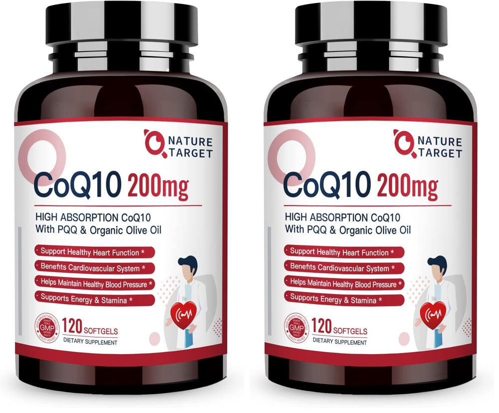 Nature Target CoQ10 softgels with PQQ in olive oil for enhanced absorption.