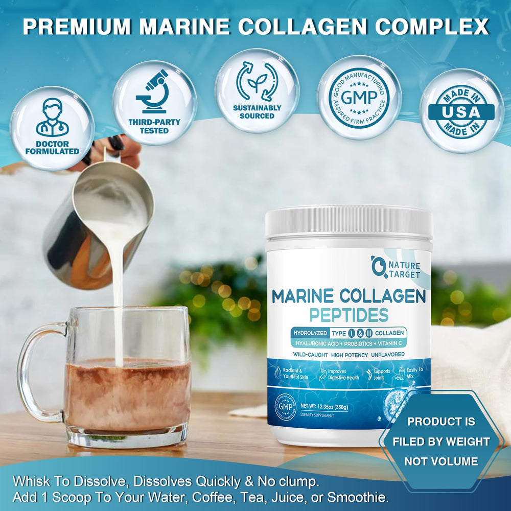 Nature Target glass with collagen drink as a refreshing daily addition.