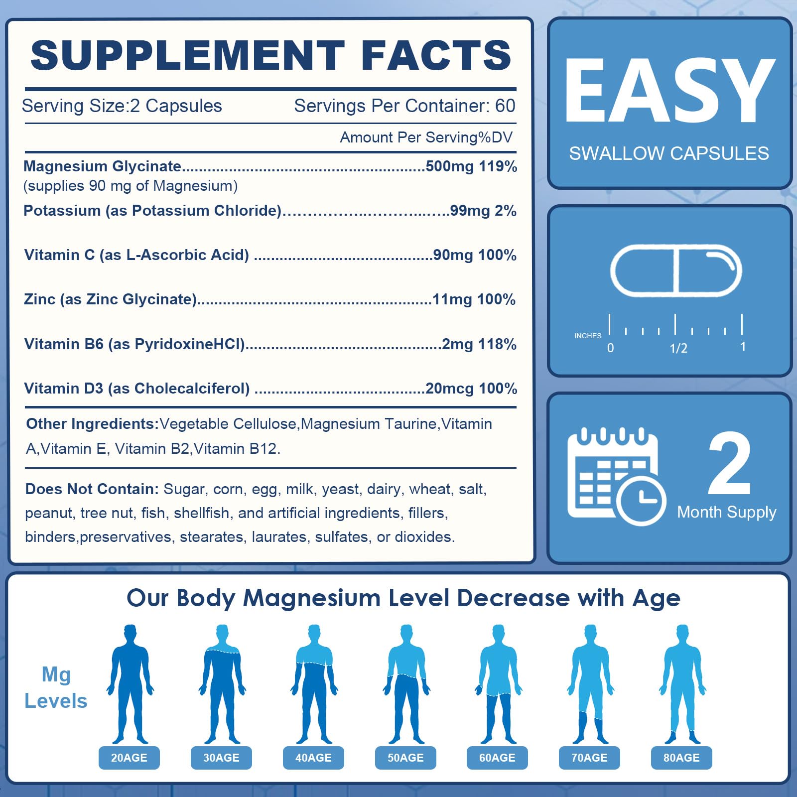 Vegan, non-GMO, gluten-free magnesium glycinate bottle label