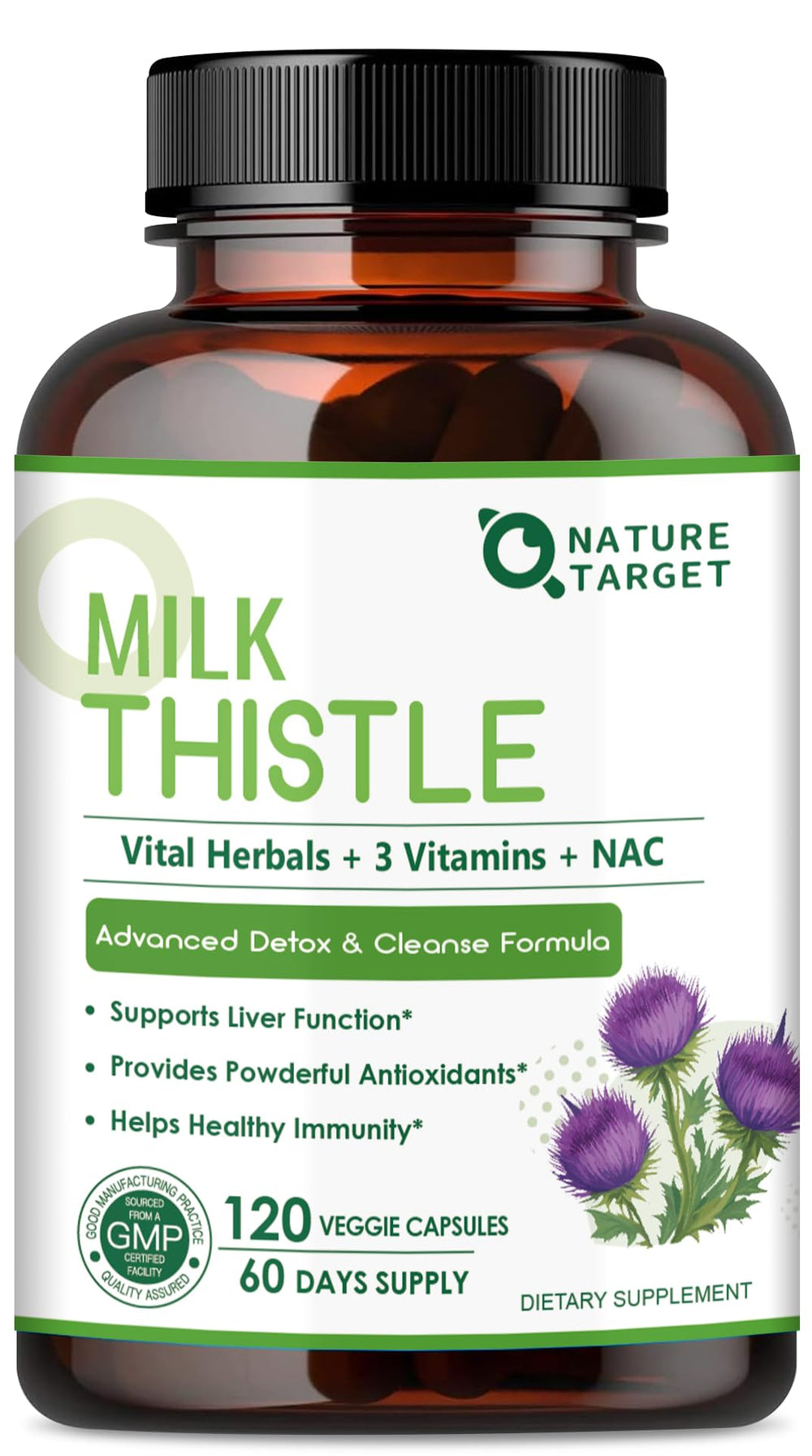 Bottle of Nature Target Milk Thistle 350mg 30:1 extract with label