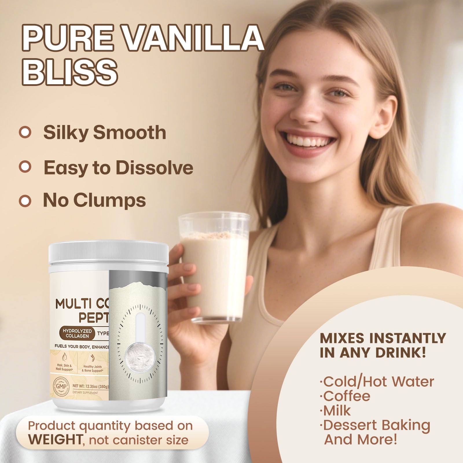 Vanilla collagen powder stirred into coffee or smoothie